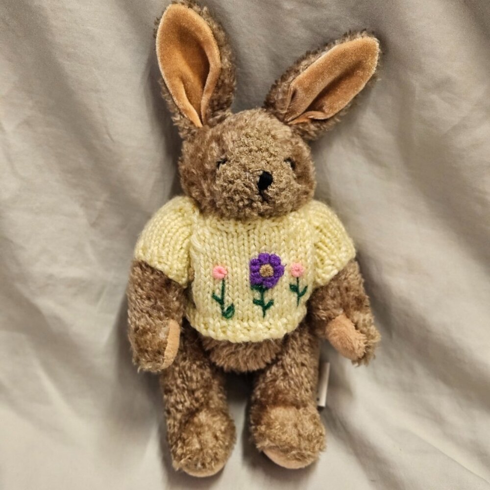 VTG Chrisha Bunny Rabbit Easter Plush Yellow Knit Sweater w/Flowers 1988
